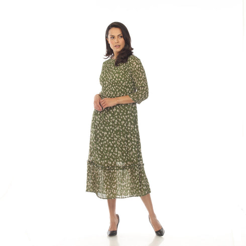 3/4 Sleeve Ruffle Skirt Print Dress - DR1421 Green